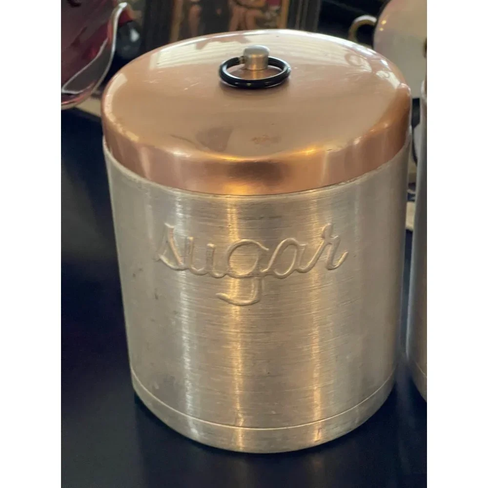 Heller Hostess Ware Aluminum Canisters PINK/PEACH LID FLOUR SUGAR PULL RING